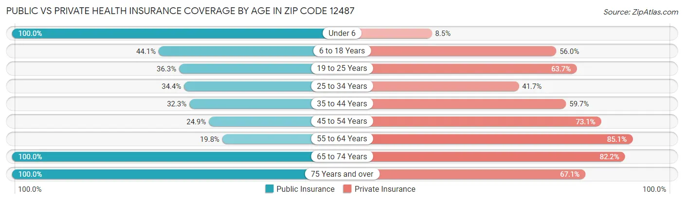 Public vs Private Health Insurance Coverage by Age in Zip Code 12487