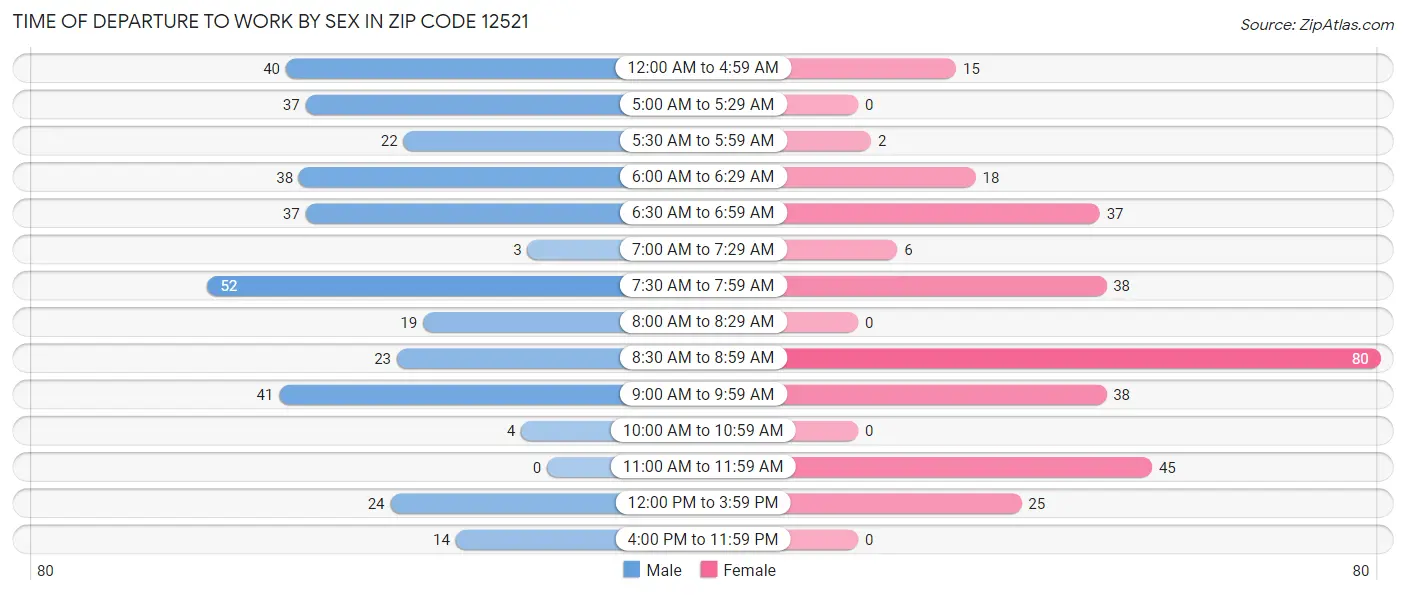 Time of Departure to Work by Sex in Zip Code 12521