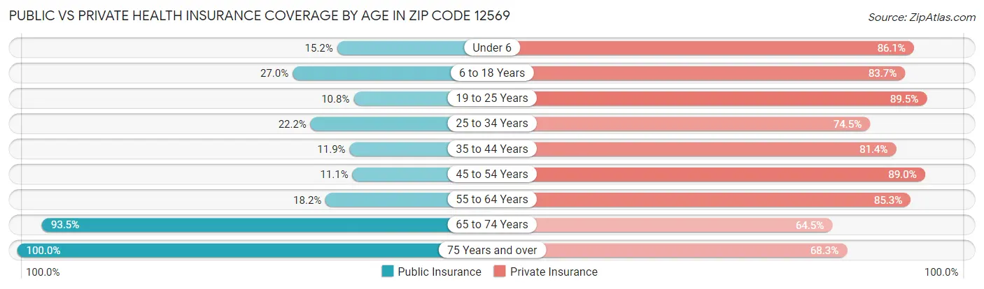 Public vs Private Health Insurance Coverage by Age in Zip Code 12569