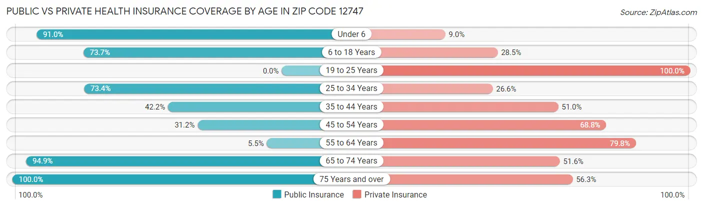Public vs Private Health Insurance Coverage by Age in Zip Code 12747