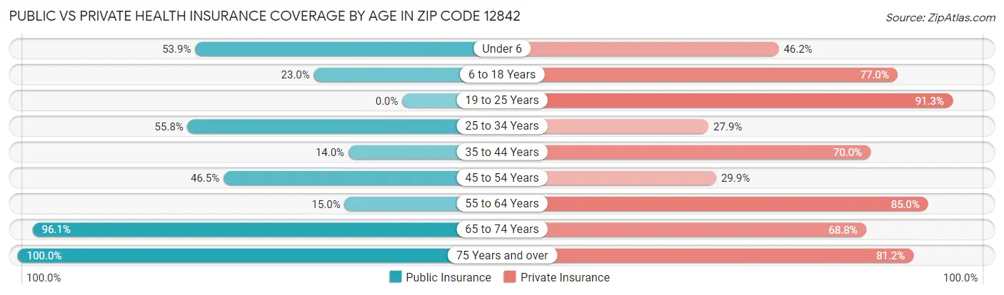 Public vs Private Health Insurance Coverage by Age in Zip Code 12842