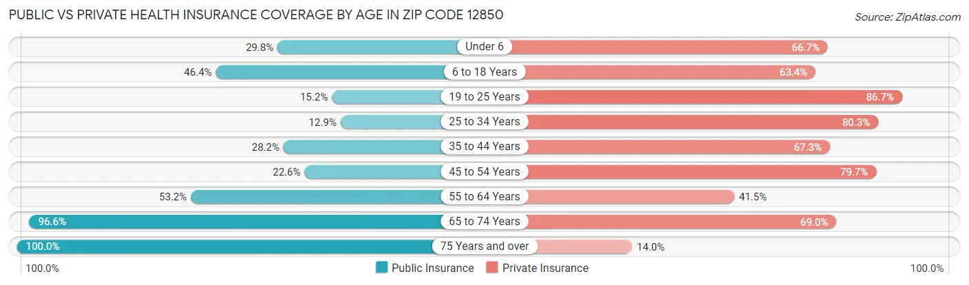 Public vs Private Health Insurance Coverage by Age in Zip Code 12850