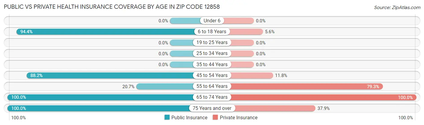 Public vs Private Health Insurance Coverage by Age in Zip Code 12858