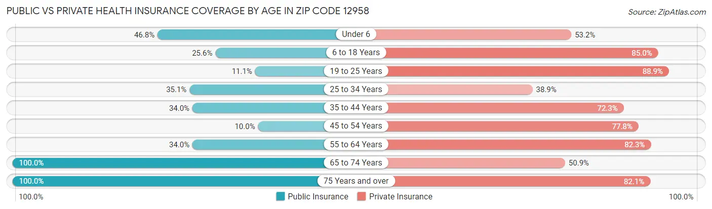 Public vs Private Health Insurance Coverage by Age in Zip Code 12958