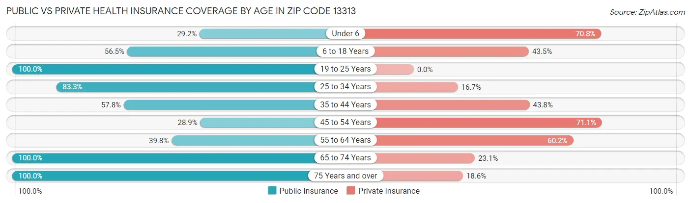 Public vs Private Health Insurance Coverage by Age in Zip Code 13313