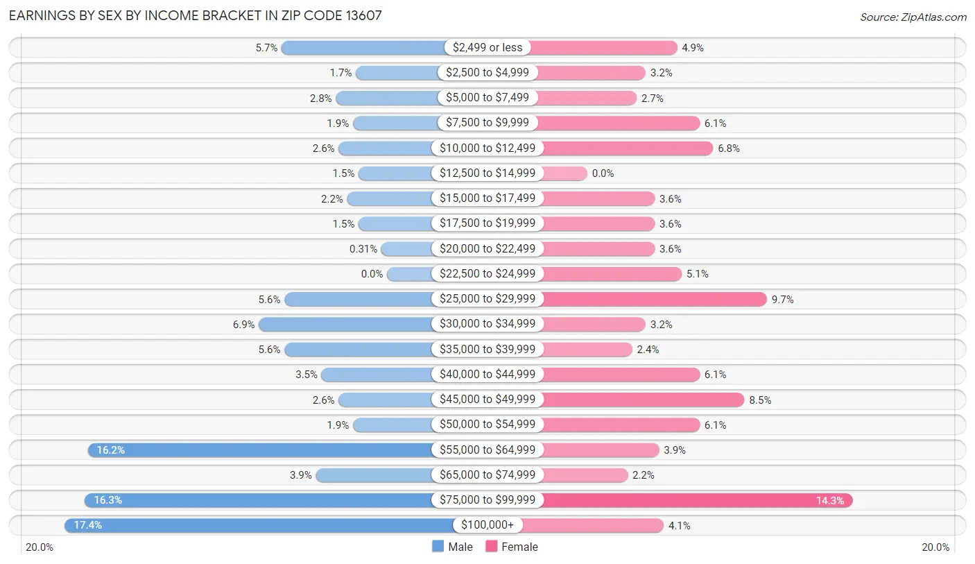 Earnings by Sex by Income Bracket in Zip Code 13607