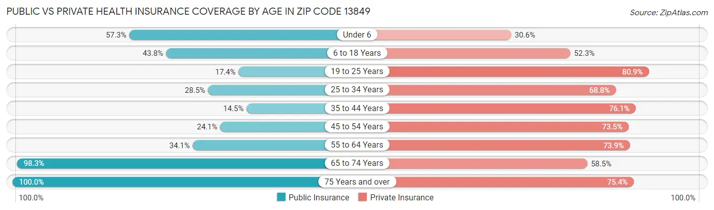 Public vs Private Health Insurance Coverage by Age in Zip Code 13849