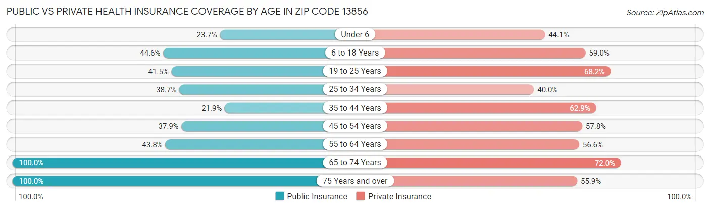 Public vs Private Health Insurance Coverage by Age in Zip Code 13856