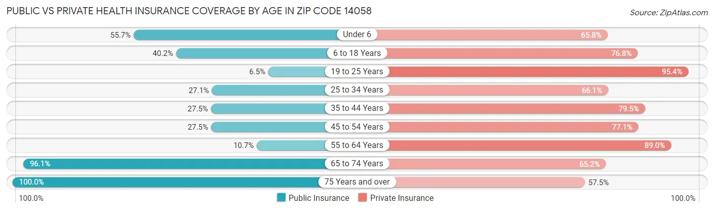 Public vs Private Health Insurance Coverage by Age in Zip Code 14058