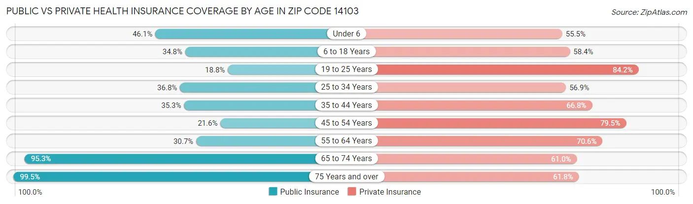 Public vs Private Health Insurance Coverage by Age in Zip Code 14103