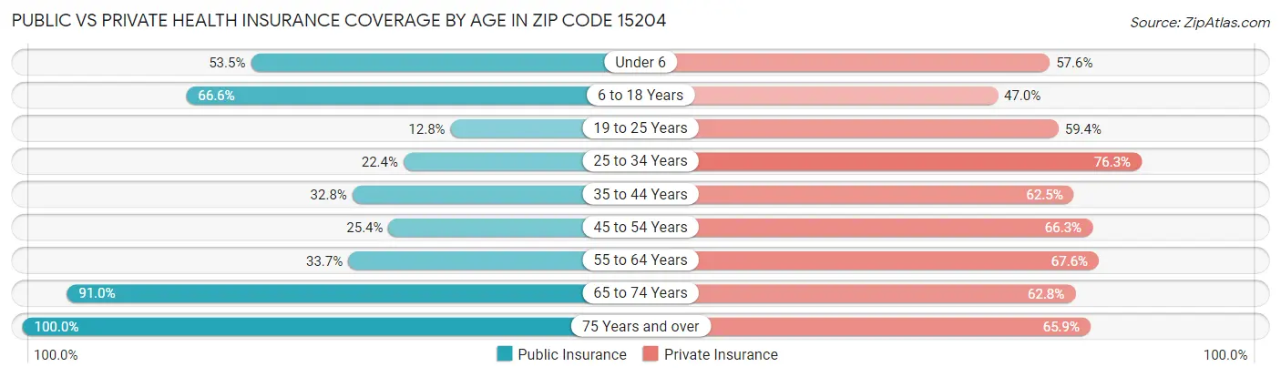 Public vs Private Health Insurance Coverage by Age in Zip Code 15204
