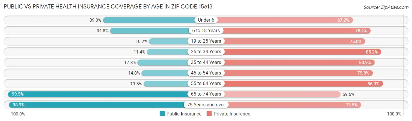 Public vs Private Health Insurance Coverage by Age in Zip Code 15613