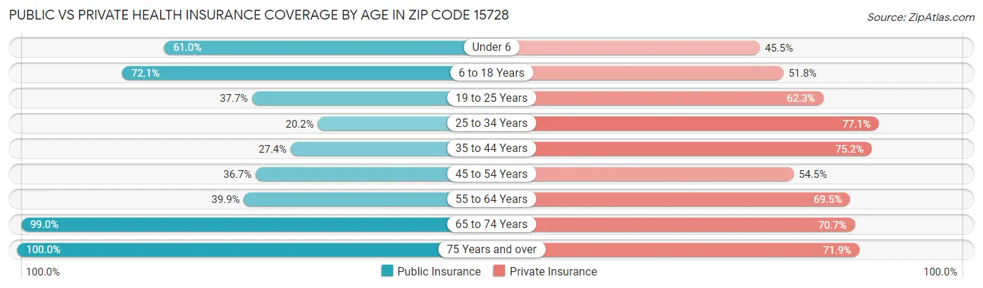 Public vs Private Health Insurance Coverage by Age in Zip Code 15728