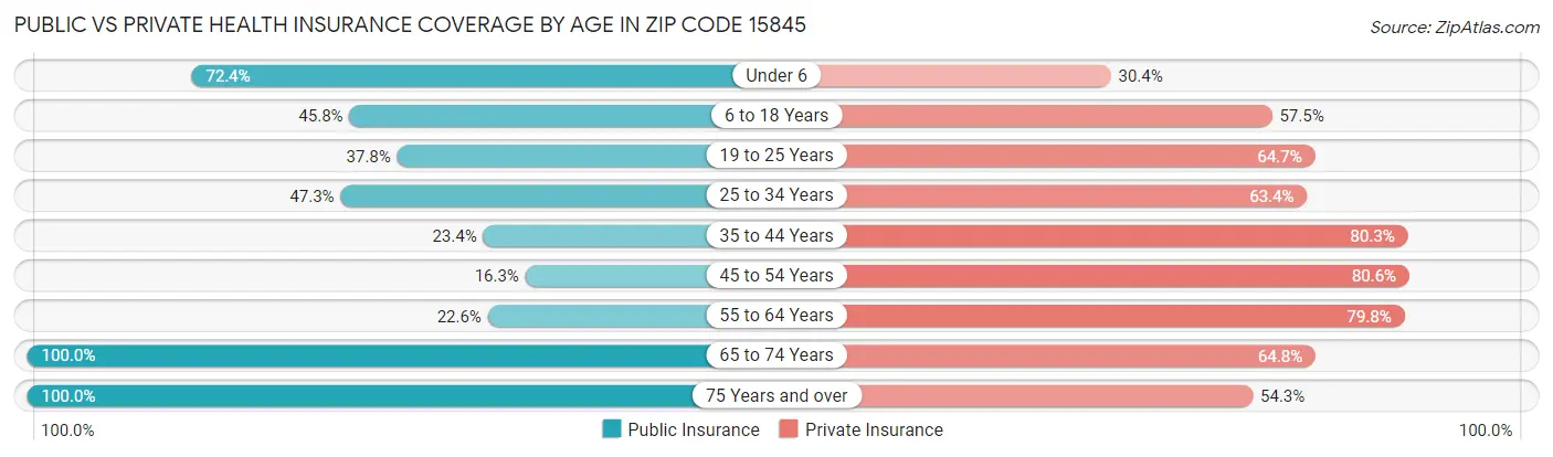 Public vs Private Health Insurance Coverage by Age in Zip Code 15845