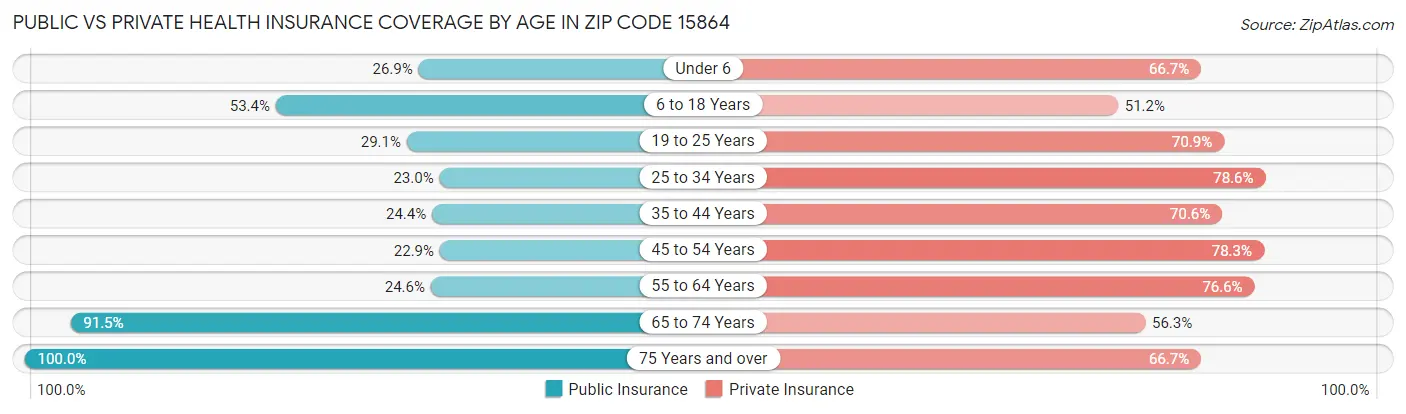 Public vs Private Health Insurance Coverage by Age in Zip Code 15864