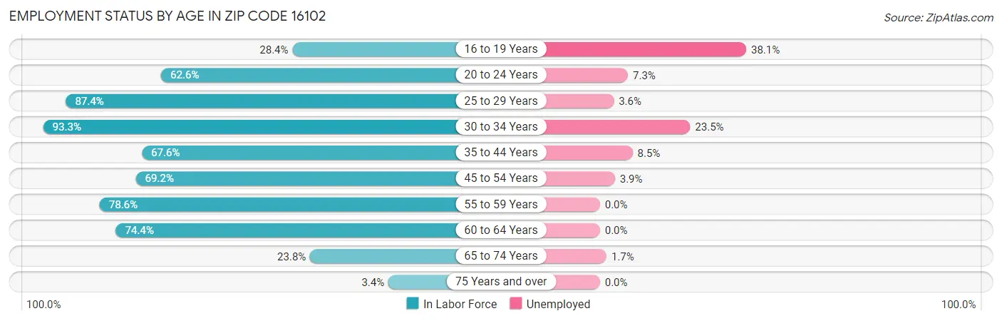 Employment Status by Age in Zip Code 16102