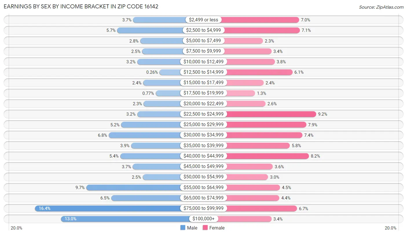 Earnings by Sex by Income Bracket in Zip Code 16142