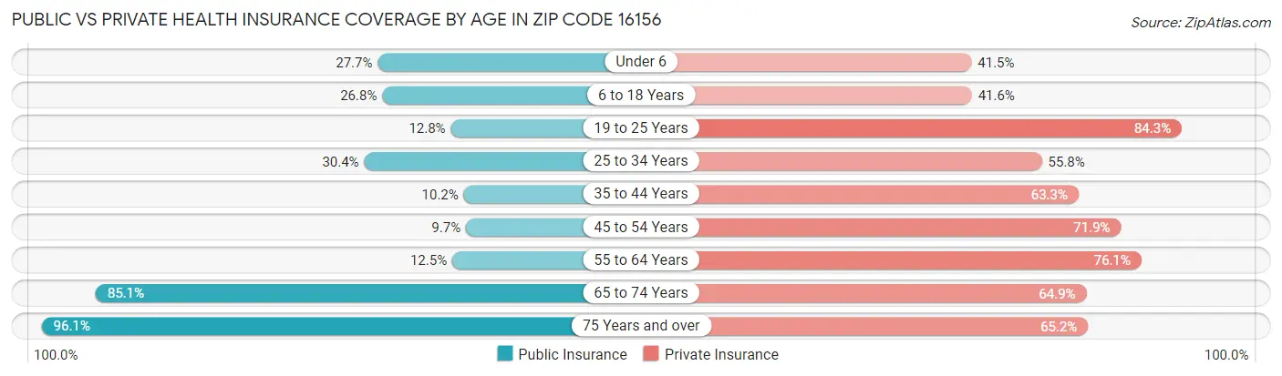 Public vs Private Health Insurance Coverage by Age in Zip Code 16156