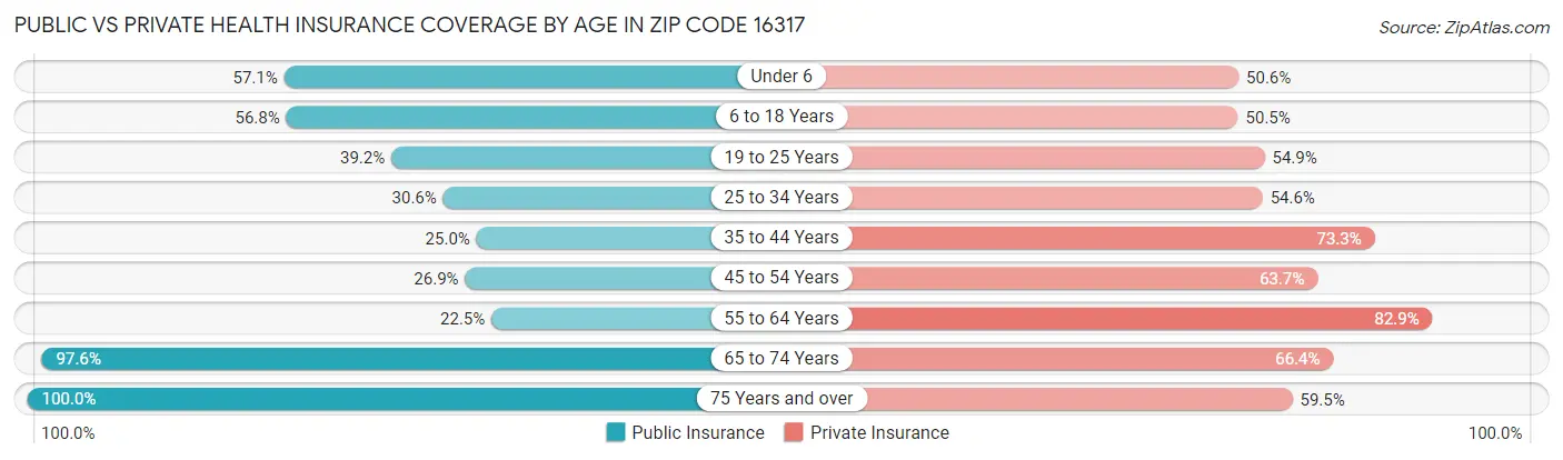 Public vs Private Health Insurance Coverage by Age in Zip Code 16317
