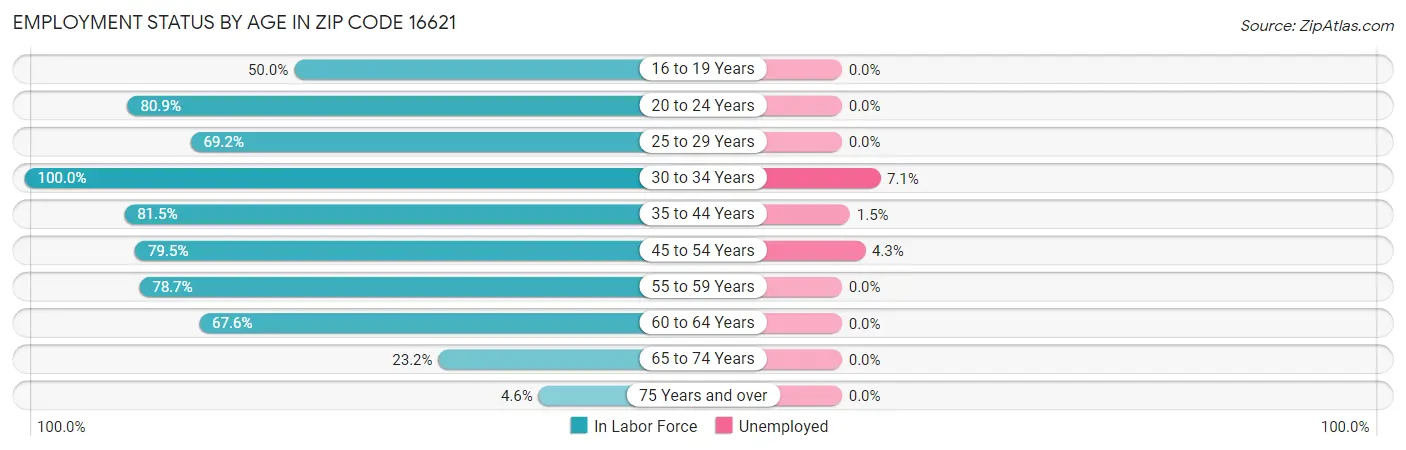 Employment Status by Age in Zip Code 16621