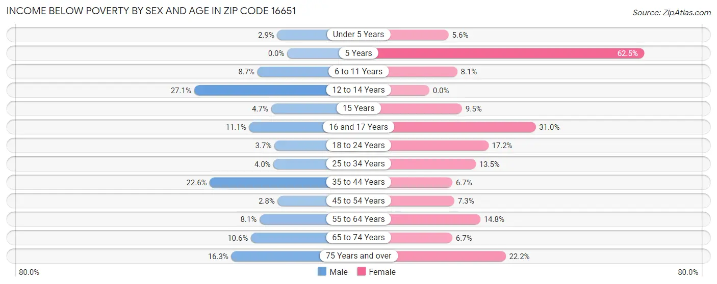Income Below Poverty by Sex and Age in Zip Code 16651