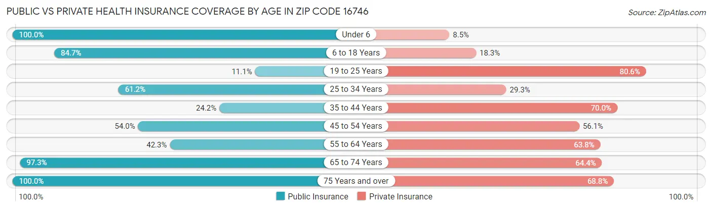 Public vs Private Health Insurance Coverage by Age in Zip Code 16746