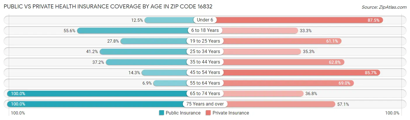 Public vs Private Health Insurance Coverage by Age in Zip Code 16832