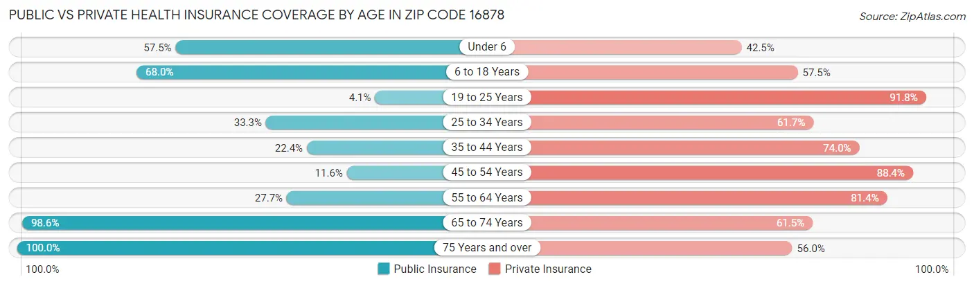 Public vs Private Health Insurance Coverage by Age in Zip Code 16878