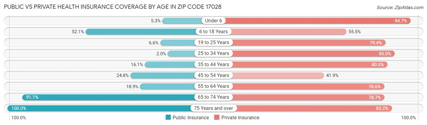 Public vs Private Health Insurance Coverage by Age in Zip Code 17028