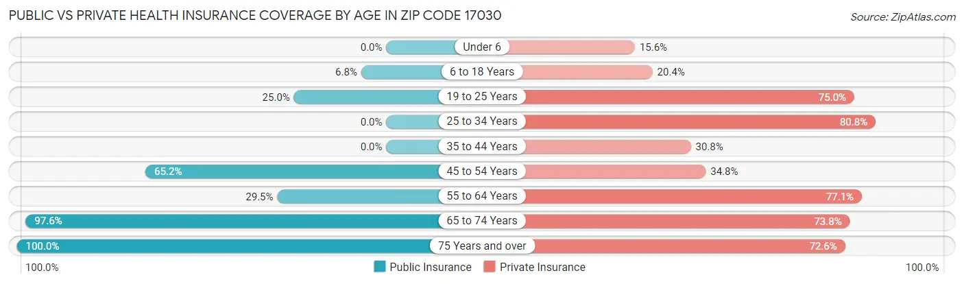 Public vs Private Health Insurance Coverage by Age in Zip Code 17030