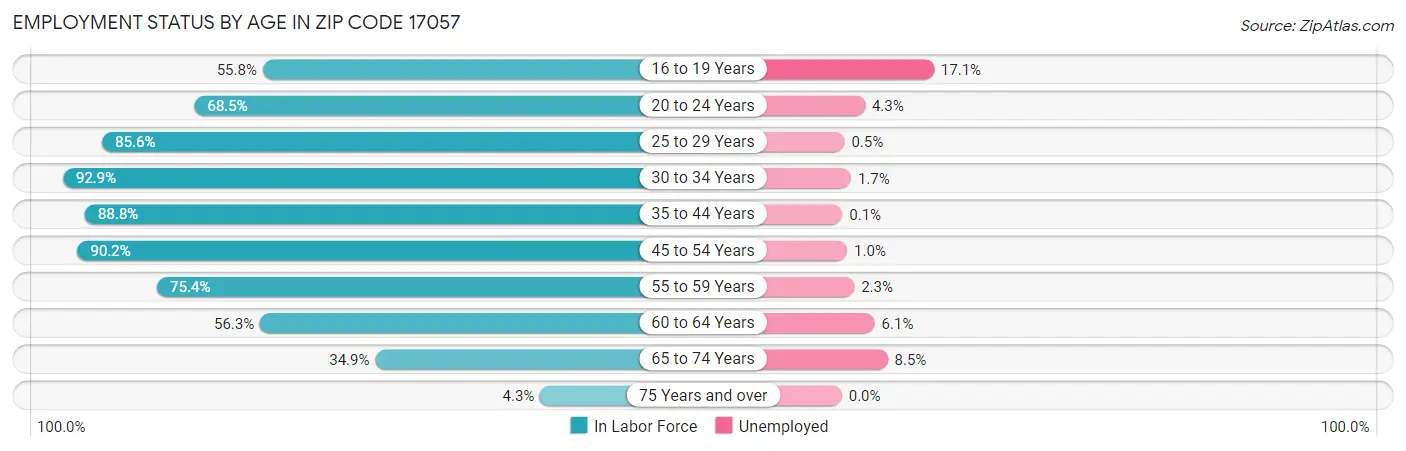 Employment Status by Age in Zip Code 17057