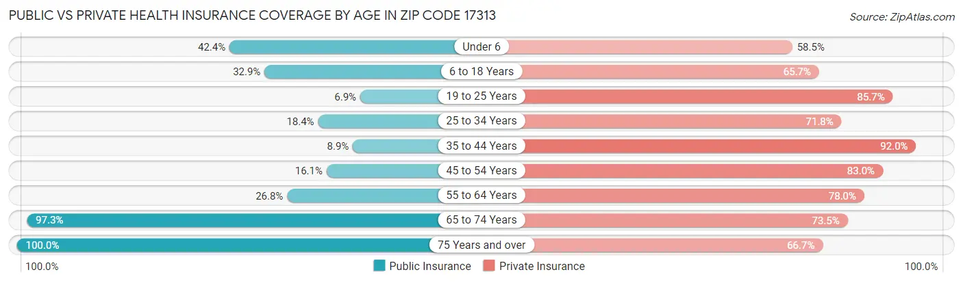 Public vs Private Health Insurance Coverage by Age in Zip Code 17313
