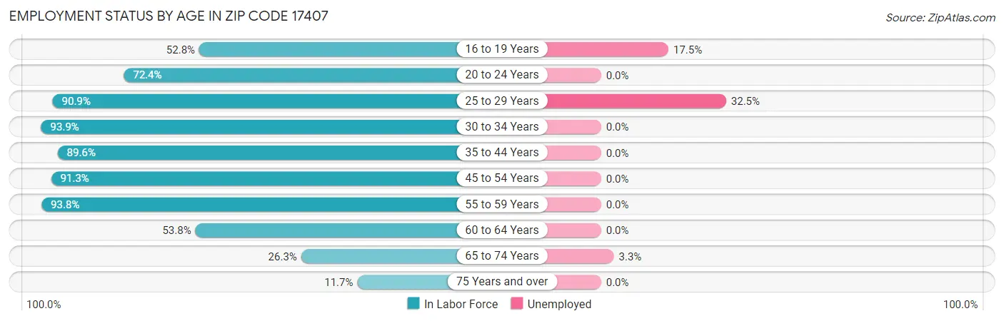 Employment Status by Age in Zip Code 17407