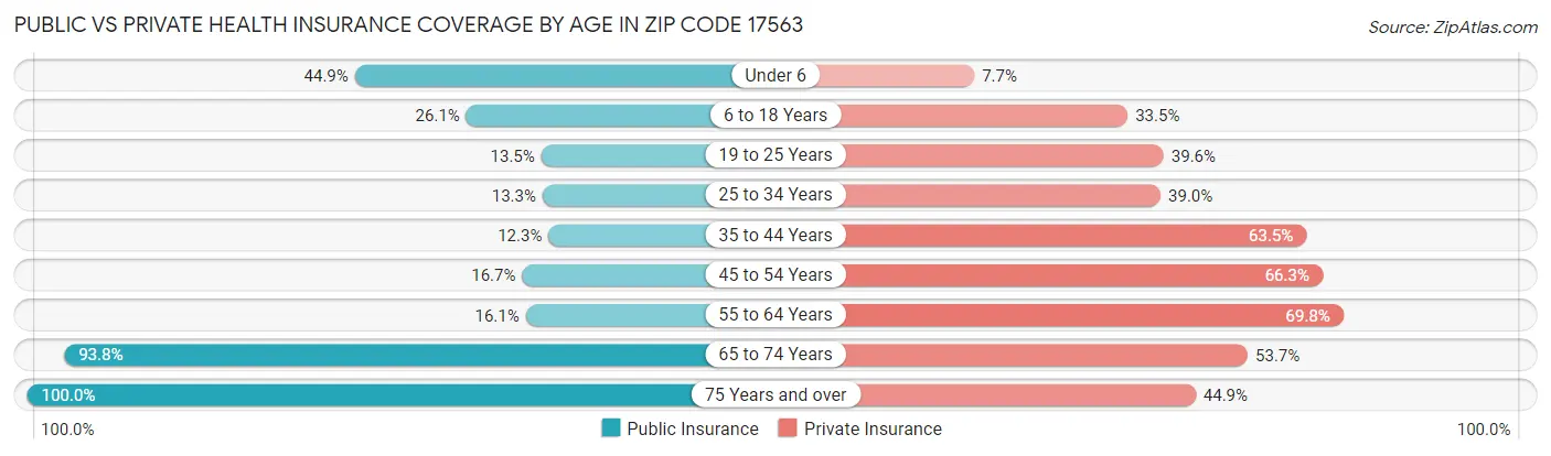 Public vs Private Health Insurance Coverage by Age in Zip Code 17563