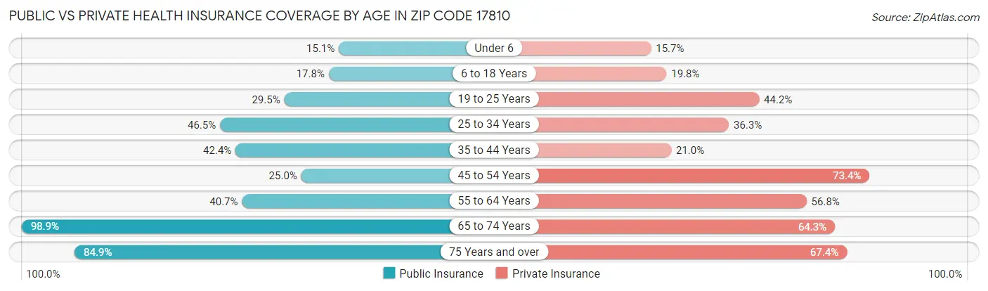 Public vs Private Health Insurance Coverage by Age in Zip Code 17810