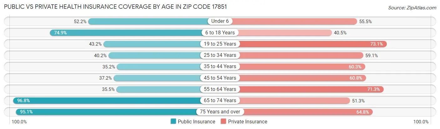 Public vs Private Health Insurance Coverage by Age in Zip Code 17851