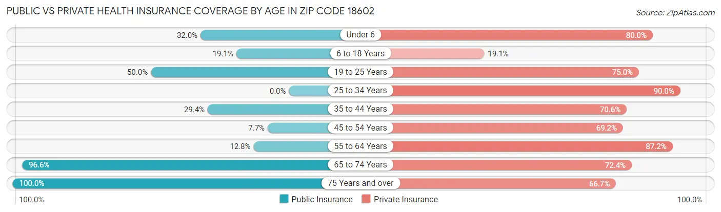 Public vs Private Health Insurance Coverage by Age in Zip Code 18602