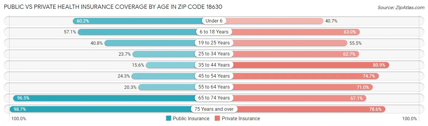 Public vs Private Health Insurance Coverage by Age in Zip Code 18630
