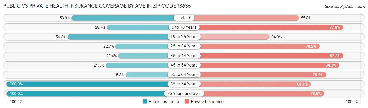 Public vs Private Health Insurance Coverage by Age in Zip Code 18636
