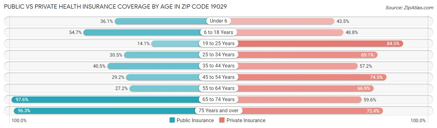 Public vs Private Health Insurance Coverage by Age in Zip Code 19029