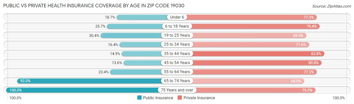 Public vs Private Health Insurance Coverage by Age in Zip Code 19030