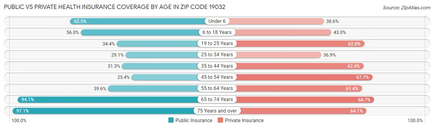 Public vs Private Health Insurance Coverage by Age in Zip Code 19032