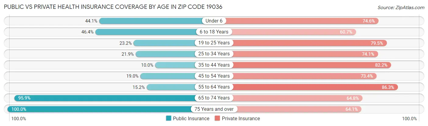 Public vs Private Health Insurance Coverage by Age in Zip Code 19036