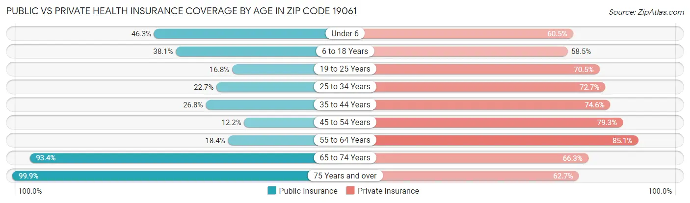 Public vs Private Health Insurance Coverage by Age in Zip Code 19061