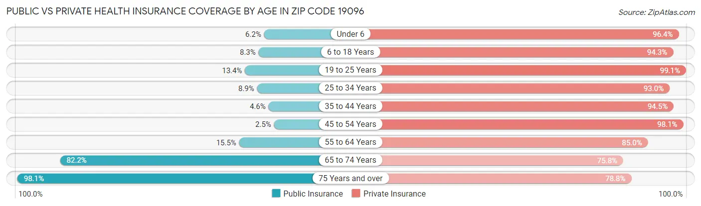 Public vs Private Health Insurance Coverage by Age in Zip Code 19096