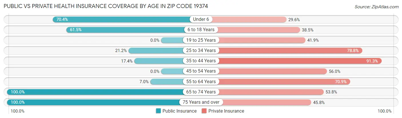Public vs Private Health Insurance Coverage by Age in Zip Code 19374