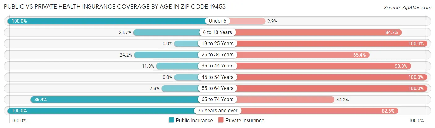 Public vs Private Health Insurance Coverage by Age in Zip Code 19453