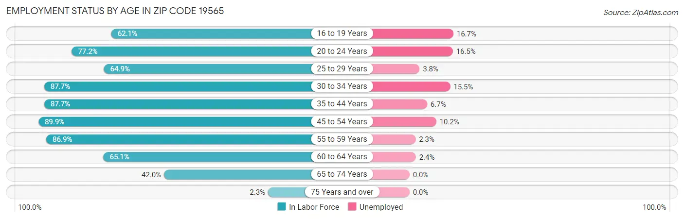 Employment Status by Age in Zip Code 19565
