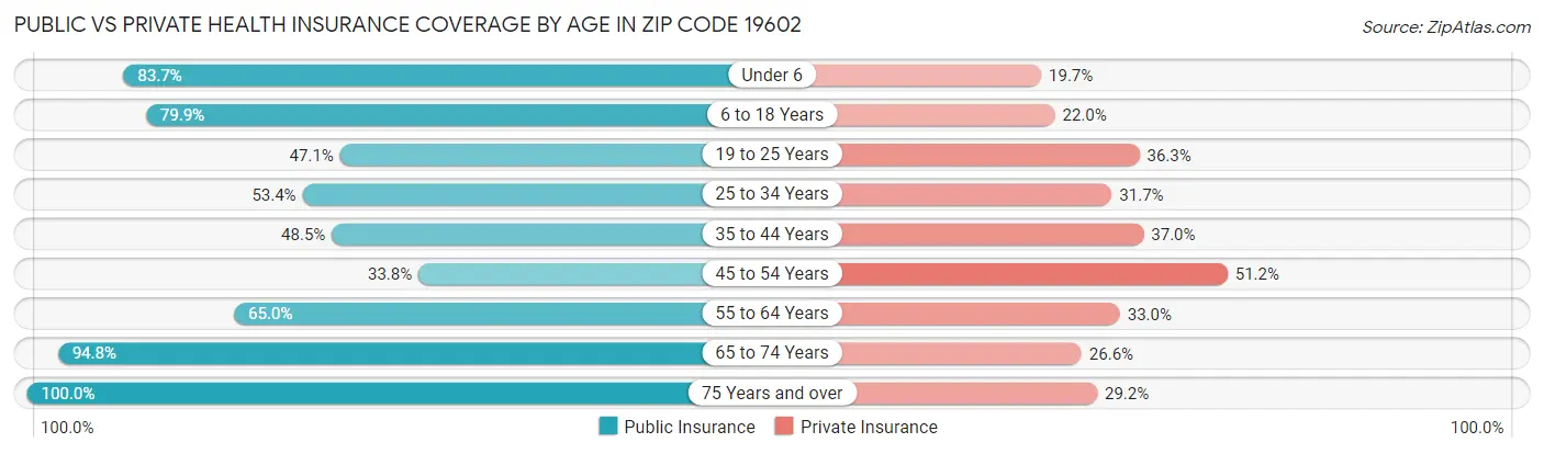 Public vs Private Health Insurance Coverage by Age in Zip Code 19602