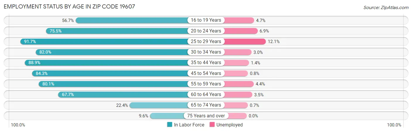 Employment Status by Age in Zip Code 19607